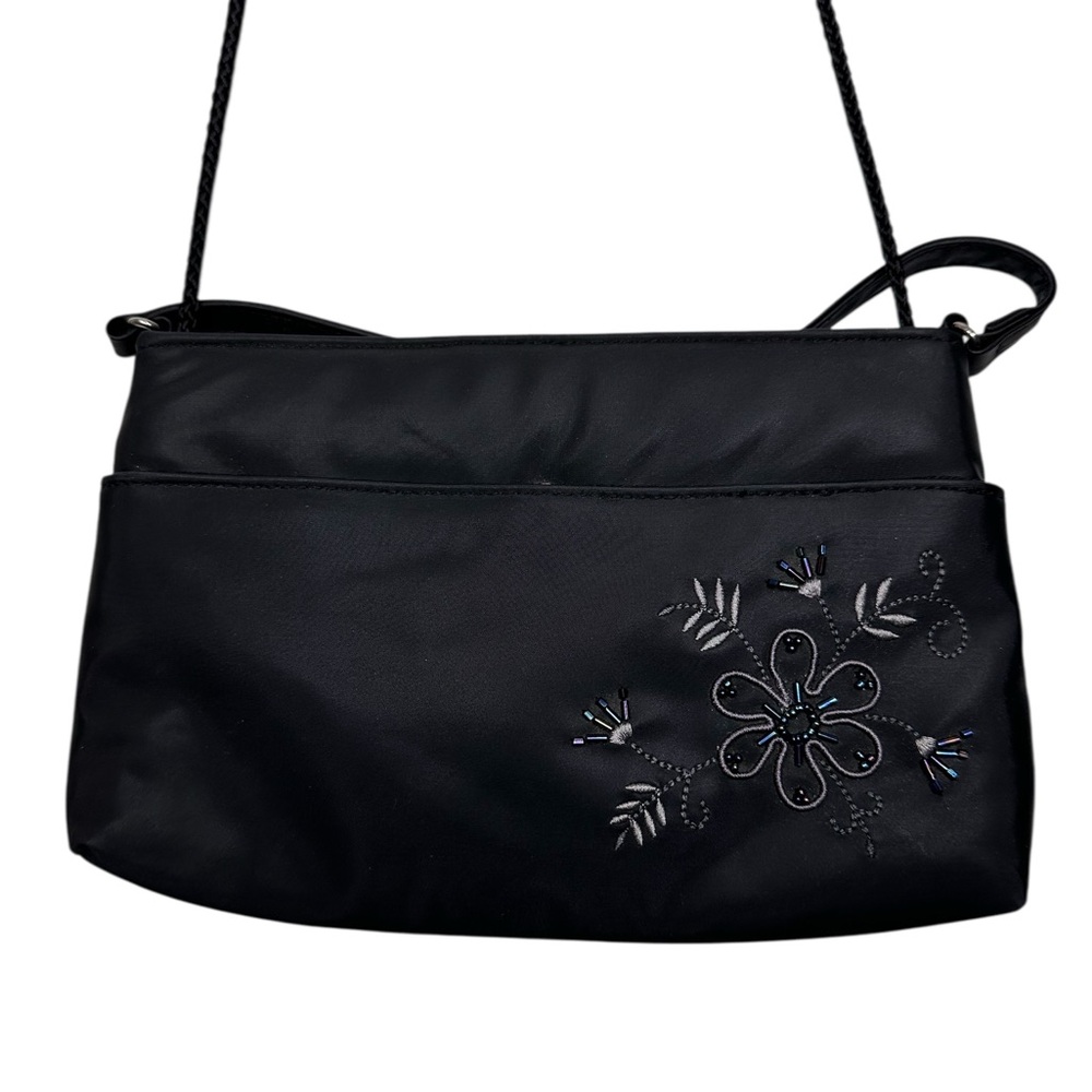 Chic Black Floral Embroidered and Beaded Shoulder Bag